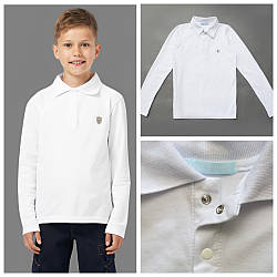Сорочка поло з довгим рукавом для хлопчика, біла, розміри 128-170