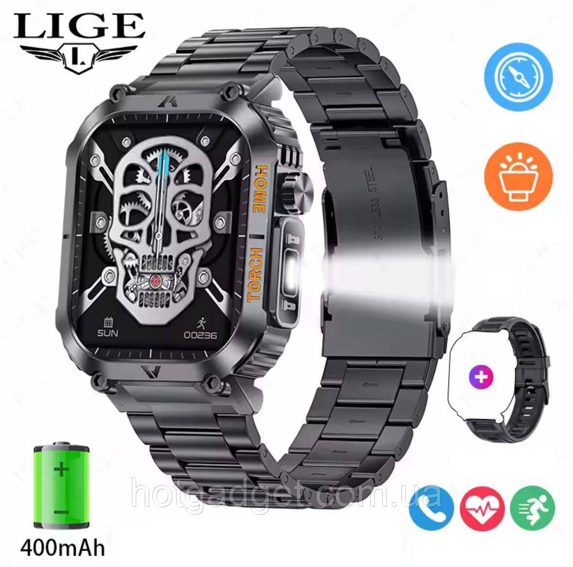 Смарт годинник LIGE Strong Gear black (ліхтарик, компас, тонометр, пульсоксиметр, дзвінки) 2 ремінці