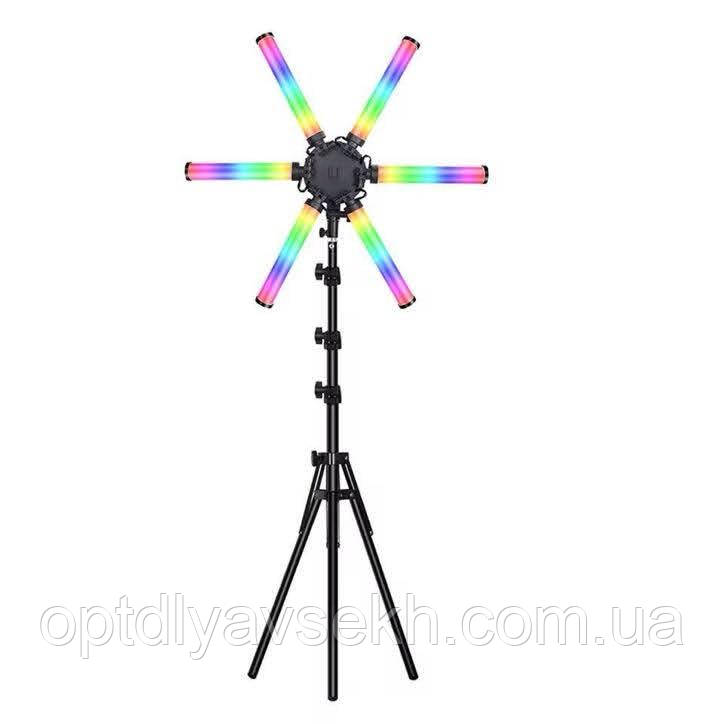 Кольорова лампа для підлоги HD-60X-RGB (6 лампочок) на штативі для освітлення (+тримач для телефону), 60 Вт.