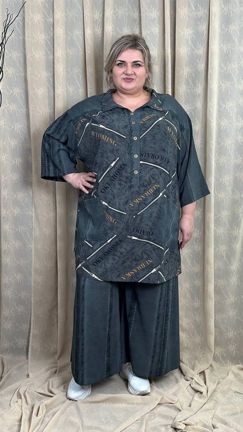 Костюм літній (Туніка-сорочка + Спідниця-штани) "Дубай" Oversize 62-64 66-68 70-72 74-76, фото 1