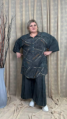 Костюм літній (Туніка-сорочка + Спідниця-штани) "Дубай" Oversize 62-64 66-68 70-72 74-76, фото 5
