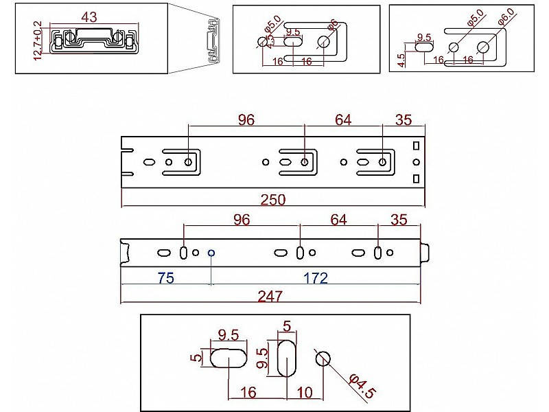 Телескопические направляющие полного выдвижения 250мм h-43мм (2шт