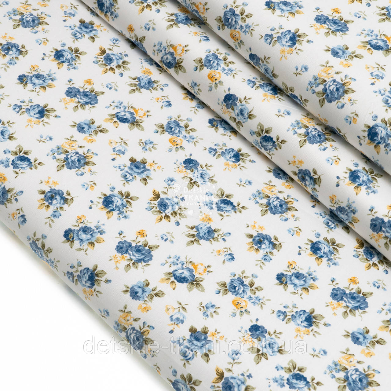 Сатин "Сині трояндочки та жовті квіточки", №5581с, фото 1