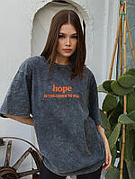 Футболка подовжена жіноча принт напис оверсайз сіра рукавиця тай-дай стиль