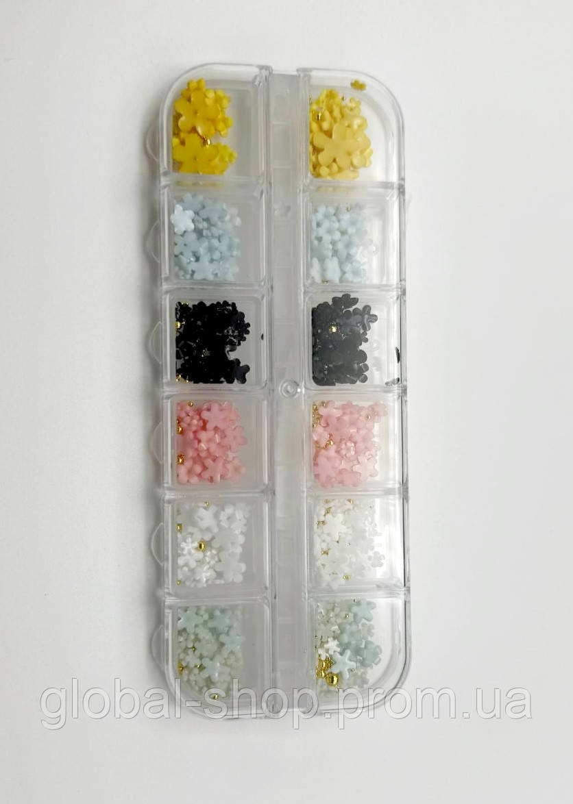 Набір для дизайну нігтів об'ємні 3D-фігурки для манікюру, набір (колірні квіти + бульйонки 6 кольорів)