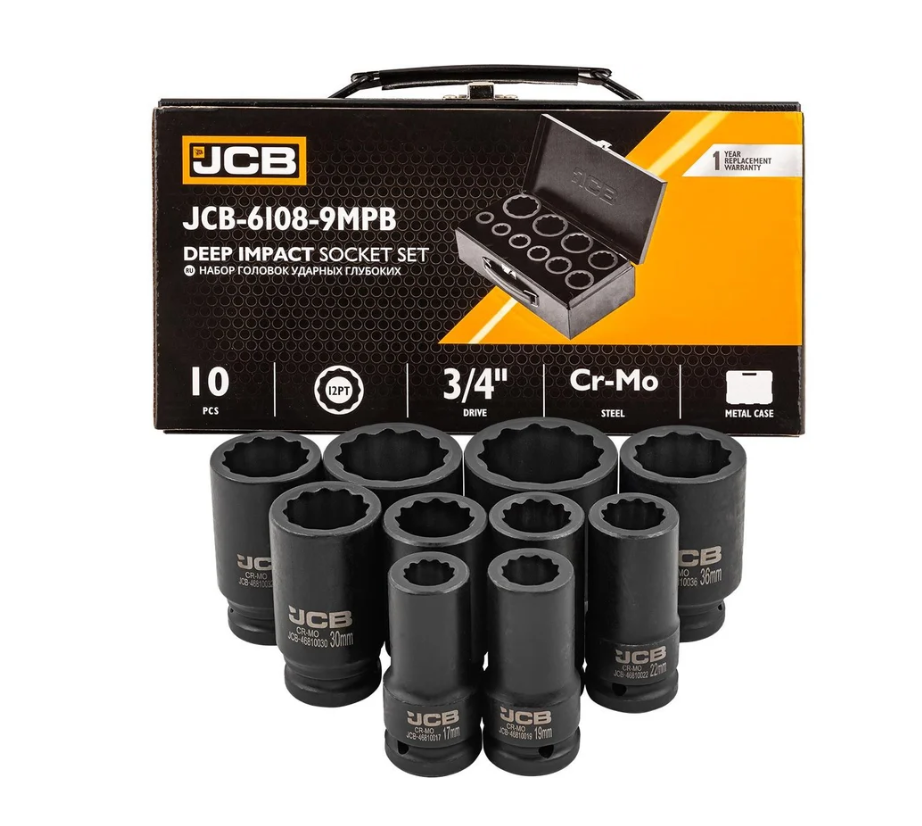Набір головок ударних глибоких в металевому кейсі 10 од. 3/4'' (12-гр.) (17-46 мм) JCB Tools JCB-6108-9MPB, фото 1