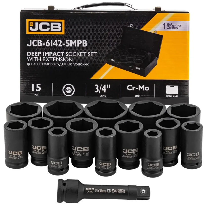 Набір головок ударних глибоких в металевому кейсі 14 од. 3/4'' (6-гр.) (17-65 мм) JCB Tools JCB-6142-5MPB, фото 1