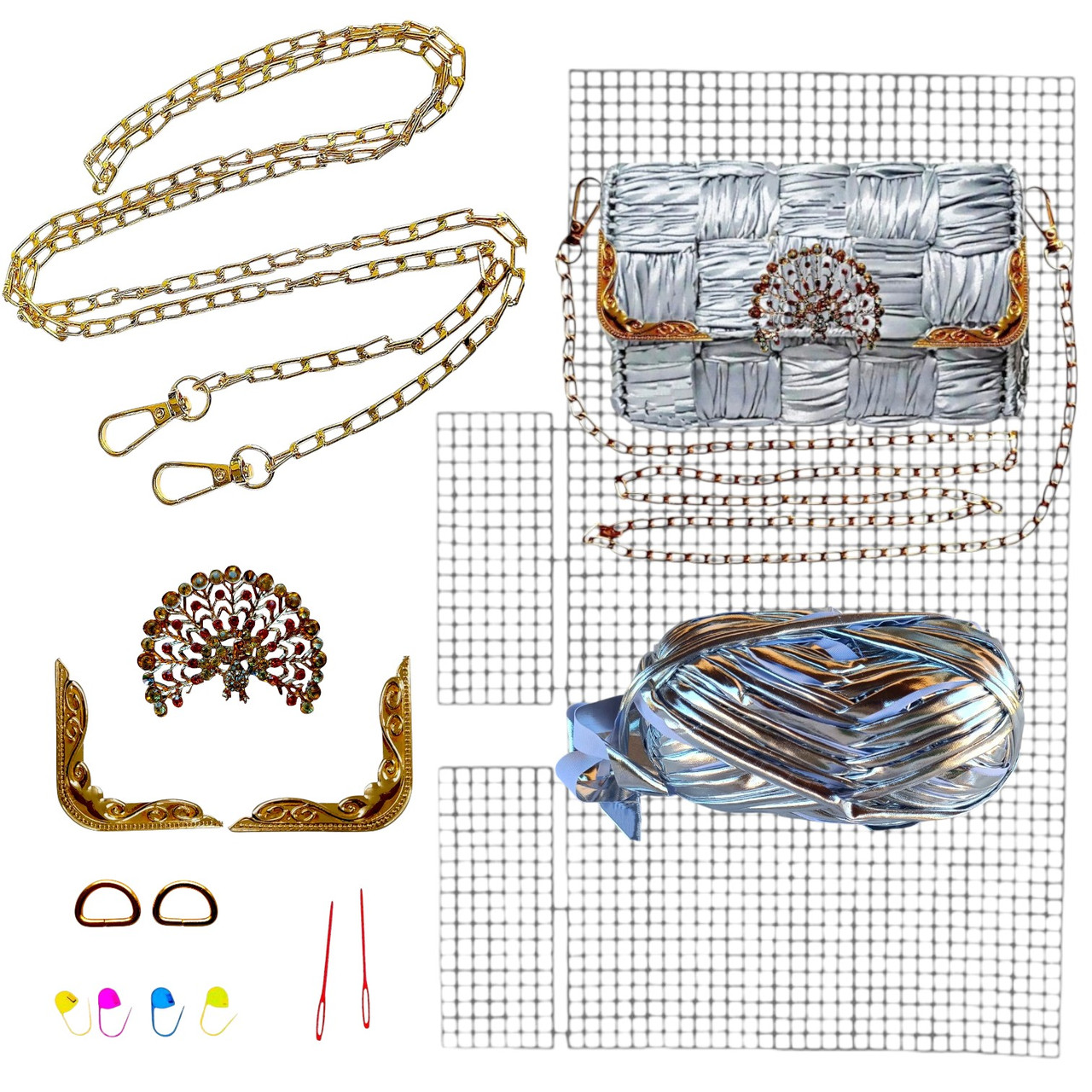 Набір для створення сумки із пластикової канви "Декоративна брошка Павич" + нитки Металік Срібло, фото 1