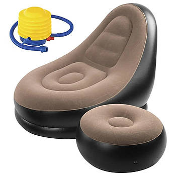 Надувний диван з пуфом до 100кг, 116×88×83 см Насос, Бежевий / Надувне крісло / Садове крісло з пуфиком