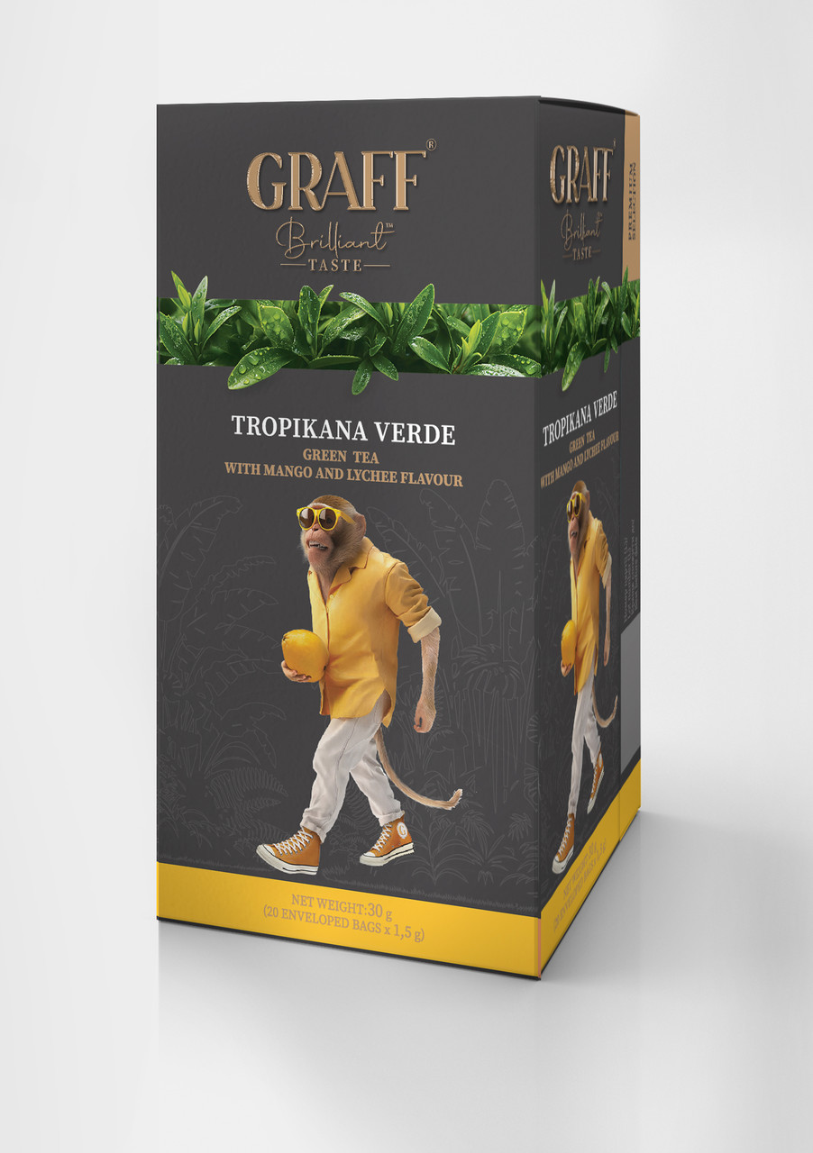 Чай GRAFF зелений байховий з ароматом манго та лічі Tropicana Verde пакетований у саше, 20*1,5г
