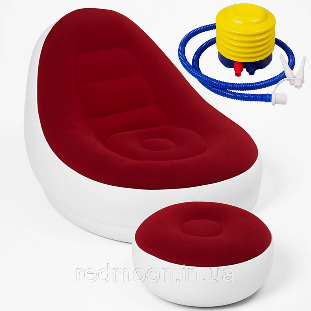 Надувний диван з пуфом до 100кг, 116×88×83 см Насос, Червоний / Надувне крісло / Садове крісло з пуфиком, фото 1