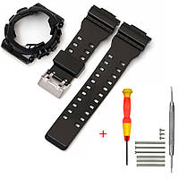 Ремінець та безель (рант) для Casio G-Shock GA-100 у чорному глянсовому кольорі, сумісний з моделями GA-100/110/120/140,