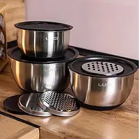 Набір з 3 салатниць з кришками і терками з нержавіючої сталі 16/18/20.5 см