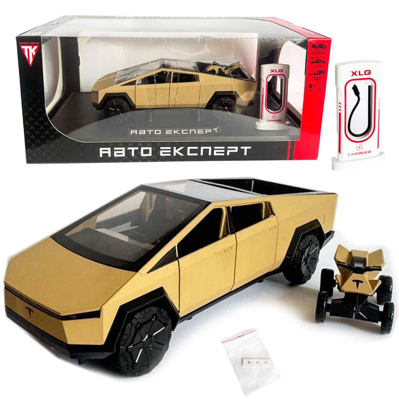 Машинка металева Tesla Cybertruck з мотоциклом золота Тесла Кібертрак 1:24 відкр двері багажник капот інерція звук світло, фото 1