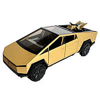 Машинка металева Tesla Cybertruck з мотоциклом золота Тесла Кібертрак 1:24 відкр двері багажник капот інерція звук світло, фото 2