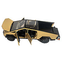 Машинка металева Tesla Cybertruck з мотоциклом золота Тесла Кібертрак 1:24 відкр двері багажник капот інерція звук світло, фото 3