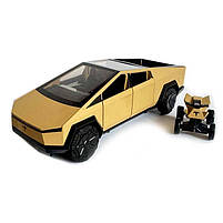 Машинка металева Tesla Cybertruck з мотоциклом золота Тесла Кібертрак 1:24 відкр двері багажник капот інерція звук світло, фото 7
