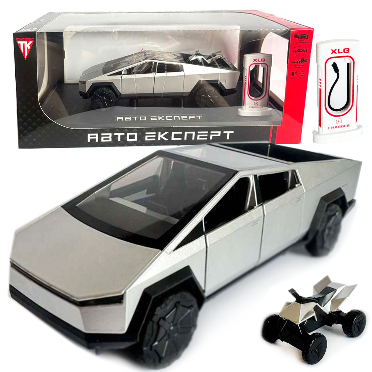 Машинка металева Tesla Cybertruck з мотоциклом срібна Тесла Кібертрак 1:24 відкр двері багажник капот інерція звук світло, фото 1