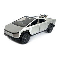 Машинка металева Tesla Cybertruck з мотоциклом срібна Тесла Кібертрак 1:24 відкр двері багажник капот інерція звук світло, фото 2