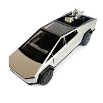 Машинка металева Tesla Cybertruck з мотоциклом срібна Тесла Кібертрак 1:24 відкр двері багажник капот інерція звук світло, фото 3