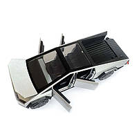 Машинка металева Tesla Cybertruck з мотоциклом срібна Тесла Кібертрак 1:24 відкр двері багажник капот інерція звук світло, фото 6