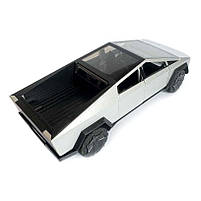 Машинка металева Tesla Cybertruck з мотоциклом срібна Тесла Кібертрак 1:24 відкр двері багажник капот інерція звук світло, фото 7