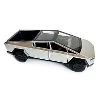 Машинка металева Tesla Cybertruck з мотоциклом срібна Тесла Кібертрак 1:24 відкр двері багажник капот інерція звук світло, фото 9