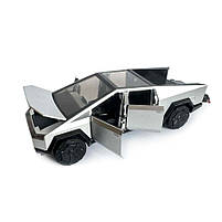 Машинка металева Tesla Cybertruck з мотоциклом срібна Тесла Кібертрак 1:24 відкр двері багажник капот інерція звук світло, фото 10