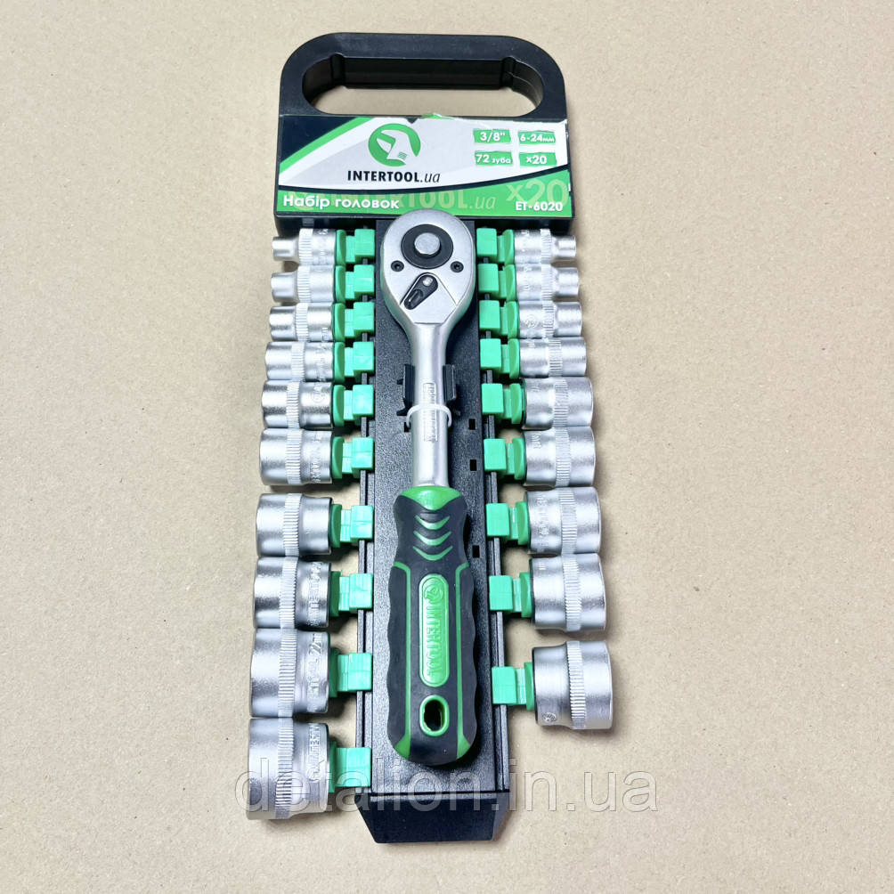 Набір головок 20 од. 3/8" 6-24 мм із ручкою з храповим механізмом 72 зуби, Хром-Ванадіум INTERTOOL ET-6020, фото 1