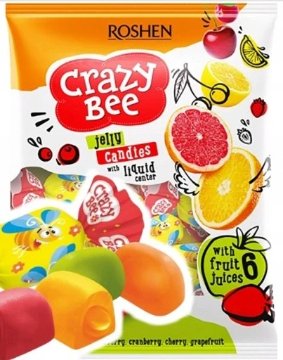 Набір з 4 шт. Цукерки Roshen Crazy Bee фруктові желе з начинкою 1 кг 1000 г Bee, фото 1