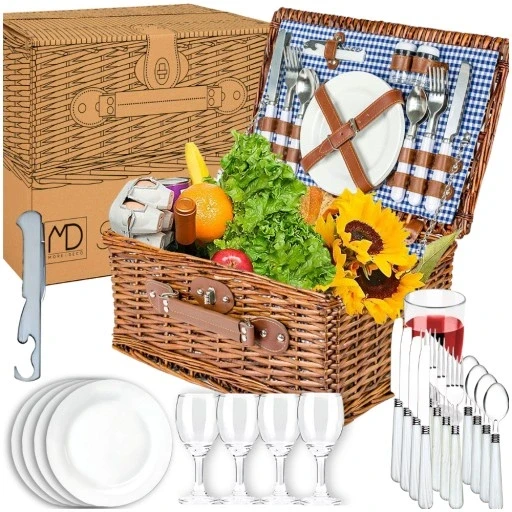 Жовтий пікнічний кошик Zq1-4472 з лози набір приладдя для 4 осіб подарунок на романтичну подорож, фото 1