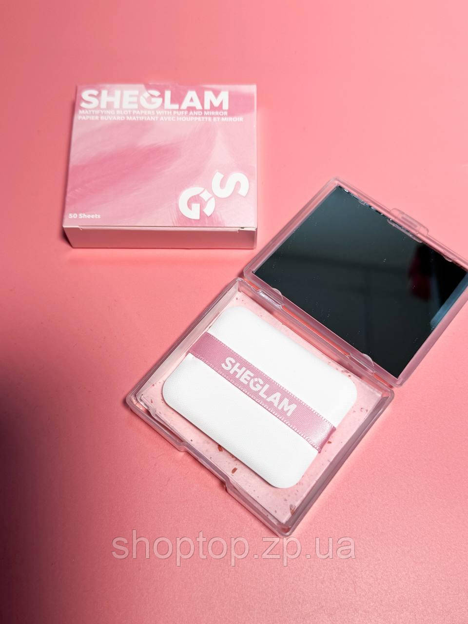 Матуючі серветки для обличчя MATTIFYING BLOT PAPERS WITH PUFF AND MIRROR 50PCS-ROSE Sheglam