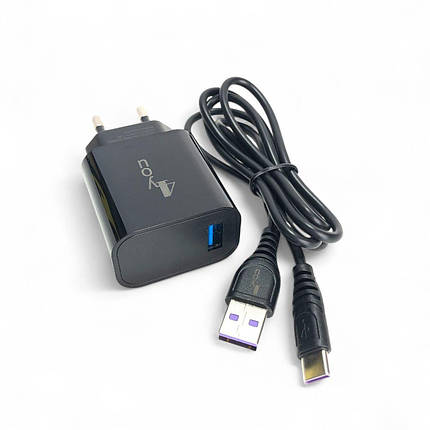 Зарядний пристрій USB 4you A12 (1,2A, 1 USB, Led підсвічування) з кабелем Type C black, фото 1