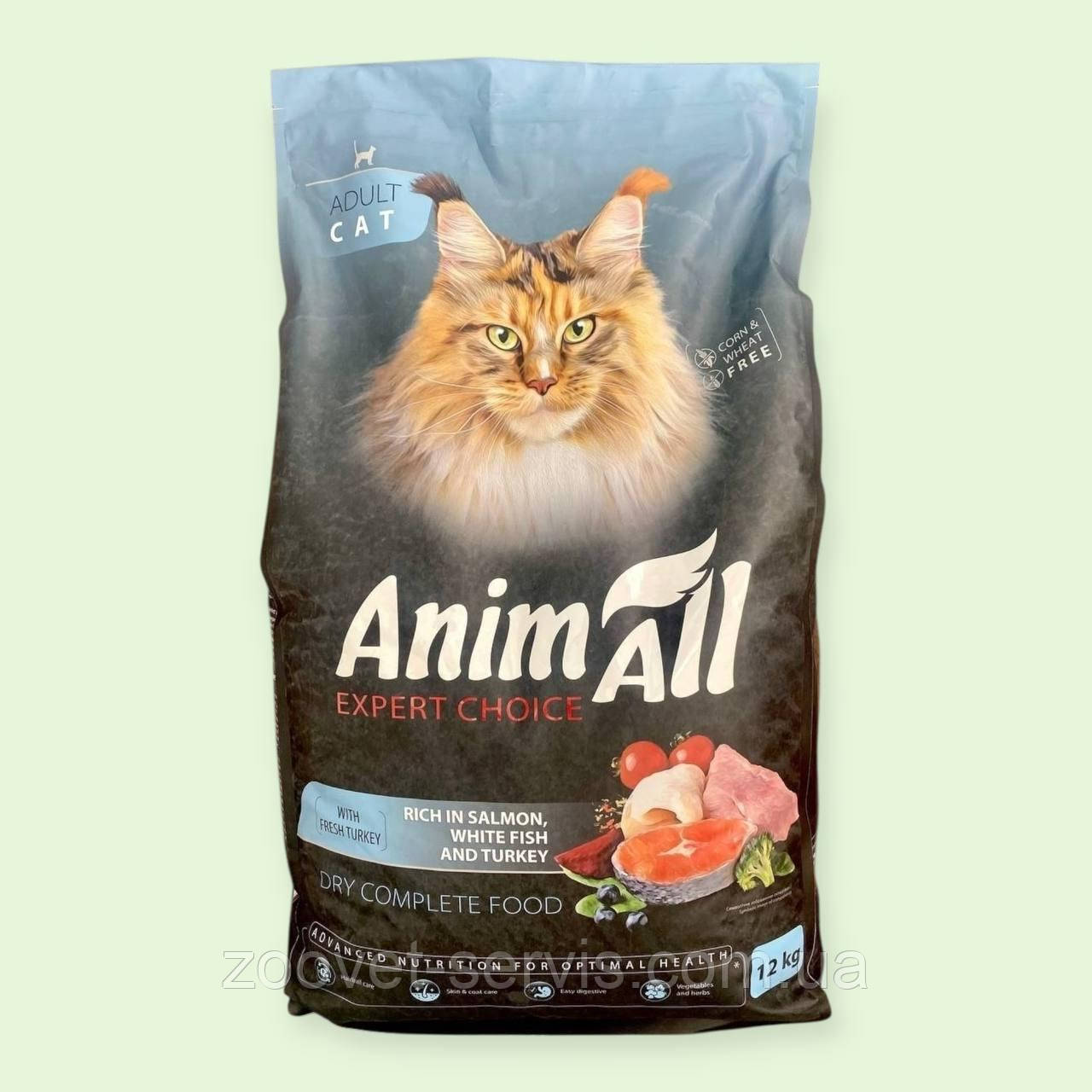 Сухий корм AnimAll для дорослих котів з лососем, білою рибою та індичкою, 12 кг (178600)