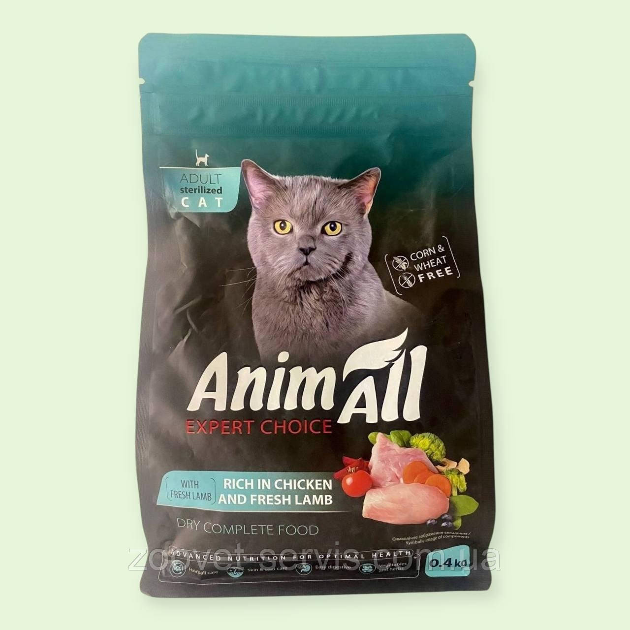 Супер-преміум сухий корм AnimAll для стерилізованих кішок та кастрованих котів з куркою та ягнятиною, 400 г (178606)
