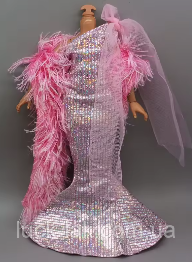 Плаття для ляльки Барбі довге блискуче + хутряне боа, фото 1
