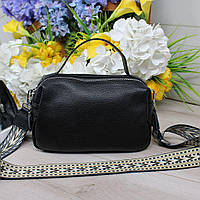 Жіноча шкіряна сумка кросбоді на широкому ремені сумочка чорна натуральна шкіра