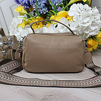 Жіноча шкіряна сумка кросбоді на широкому ремені сумочка бежева натуральна шкіра