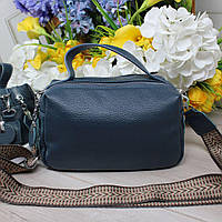 Жіноча шкіряна сумка кросбоді на широкому ремені сумочка синя натуральна шкіра