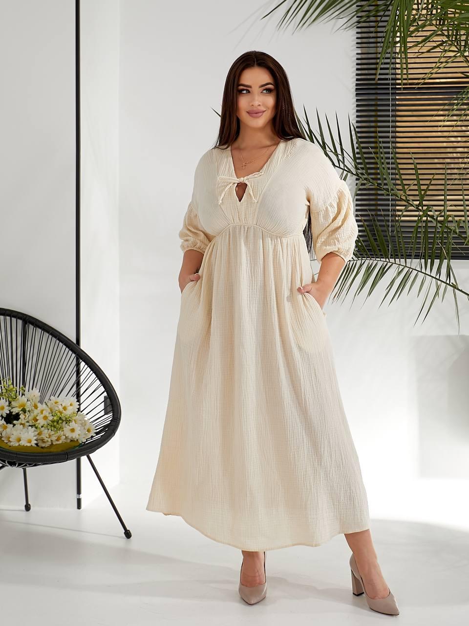 Жіноча муслінова довга сукня великого розміру plussize 50-56 вільного крою рукав три чверті, фото 1
