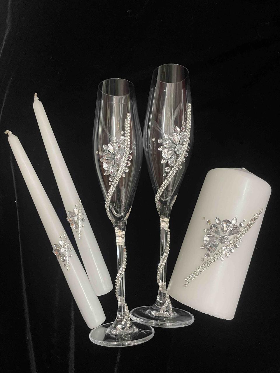 Весільний набір: келихи та свічки зі стразами, фото 1