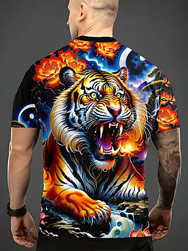 Футболка чоловіча 3D принт Тигр і вогняні лотоси термо дихаюча літня L 52