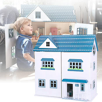 Дерев'яний іграшковий будиночок на 2 поверхи з синім дахом та меблями для ляльок Bambi MD 1955 Ляльковий будиночок