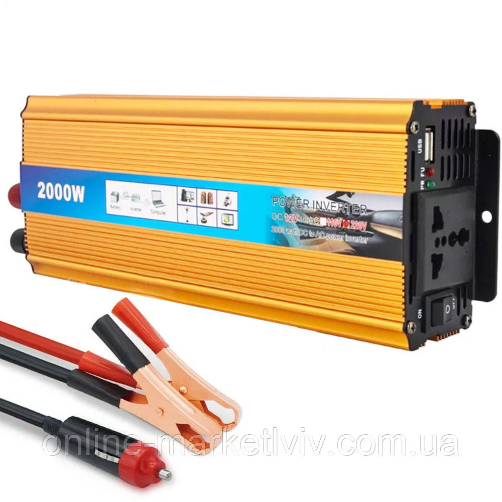 Перетворювач напруги 12-220V, 2000W, з USB + клеми / Автомобільний інвертор перетворювач, фото 1