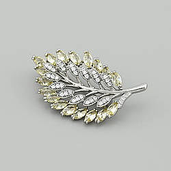 Брошка шпилька Листочок 53034 розмір 35х20 мм жовті фіаніти вага 3.8 г позолота Біле Золото