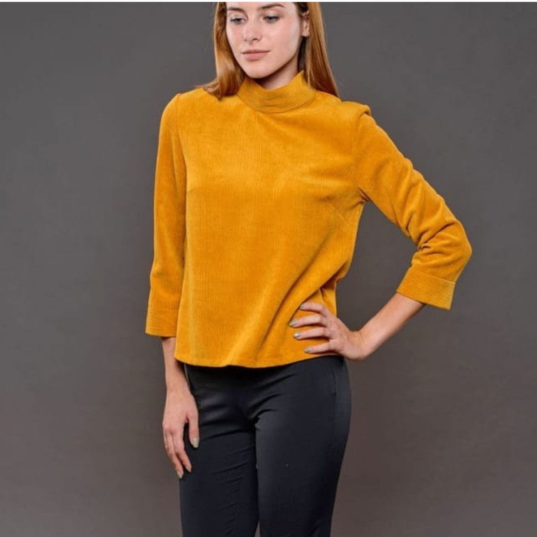 Гірчична жіноча кофта вельвет стійка на гудзиках, фото 1