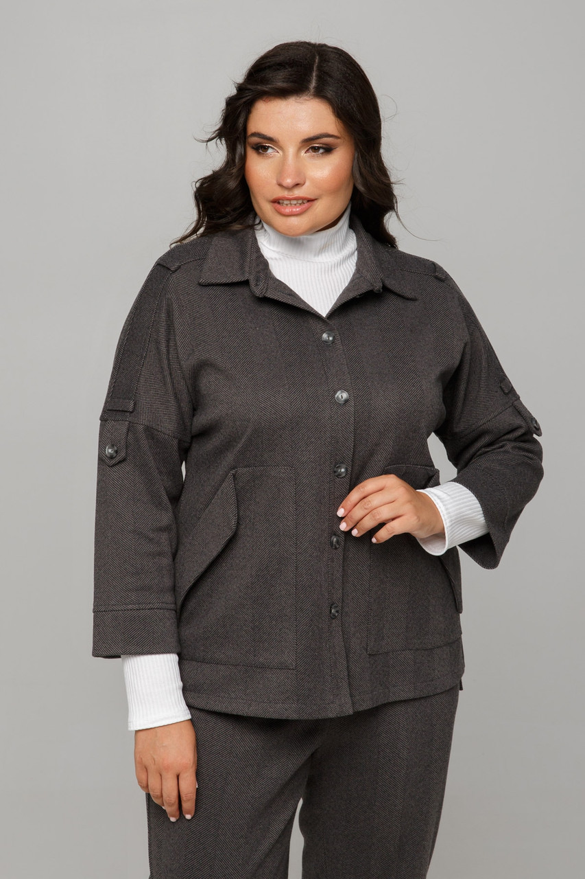 Жіночий кашеміровий жакет з кишенями та патами великих розмірів 50-60 графітовий, фото 1