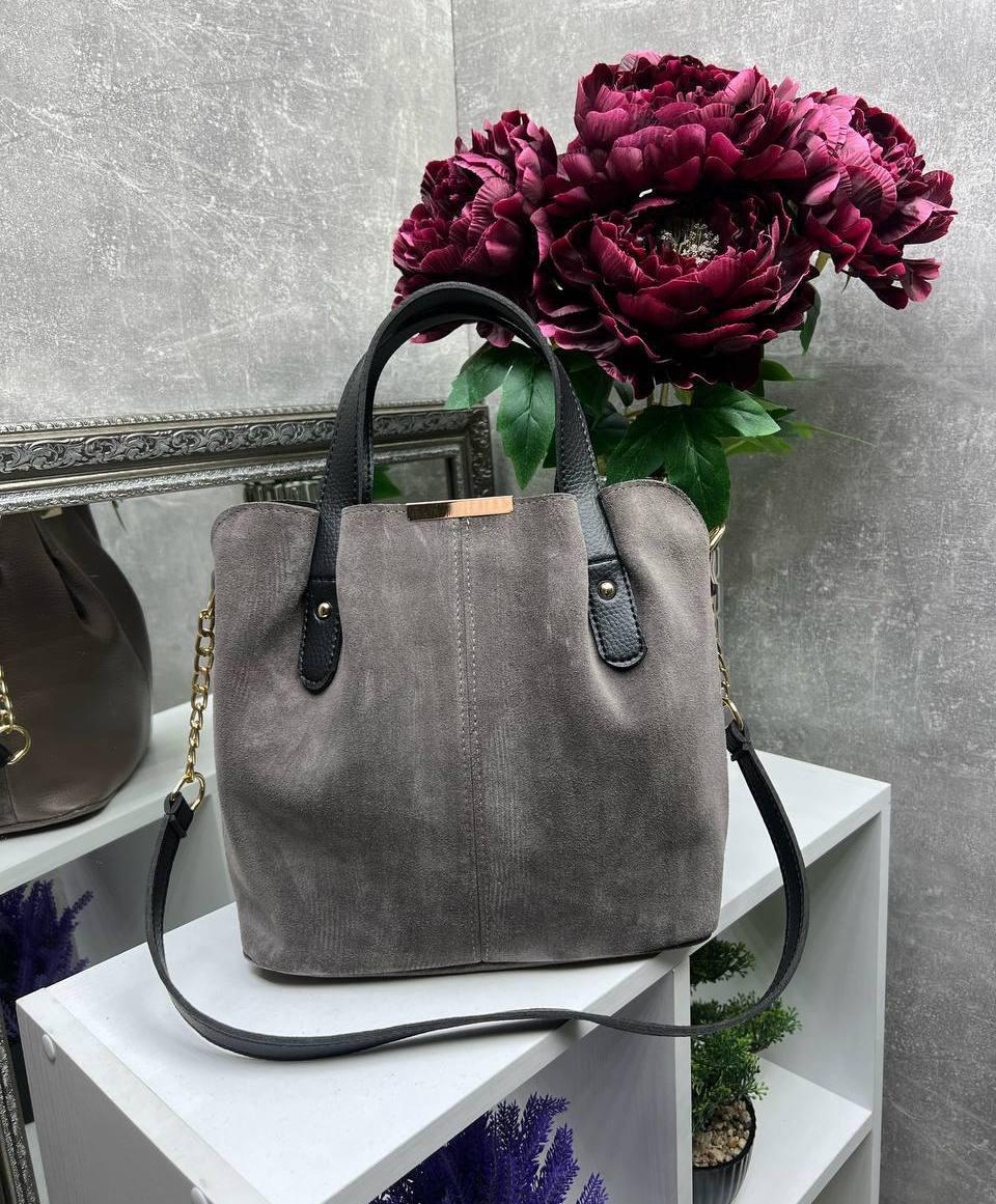 Замшева сумка містка шоппер сумочка моко натуральна замша+шкірзам