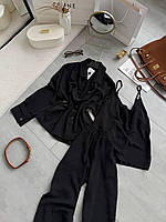 Жіночий літній легкий костюм трійка оверсайз сорочка на ґудзиках майка прямі штани жниварка