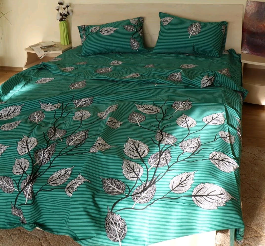 Двоспальний розмір постільна білизна бязь «Липова» зеленого кольору, фото 1